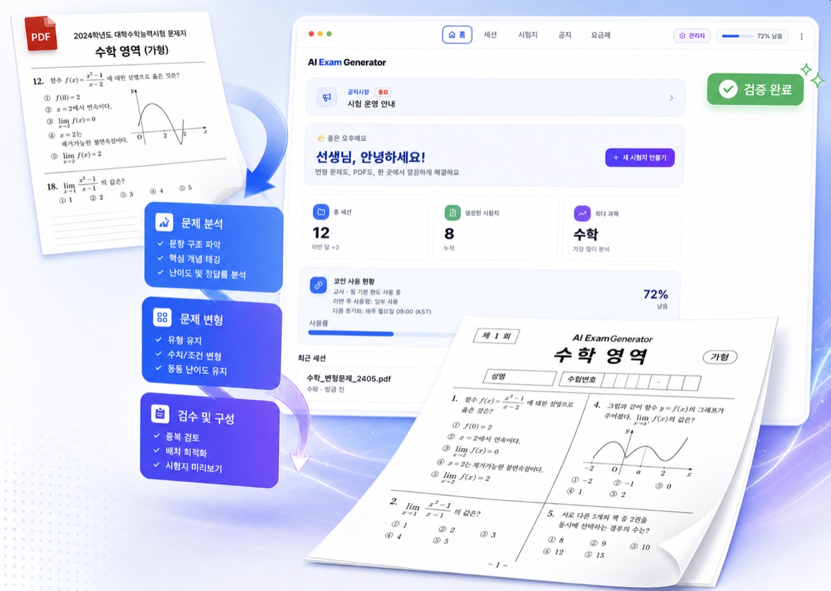 기출 PDF 분석부터 시험지 생성까지의 AI ExamGenerator 제품 화면